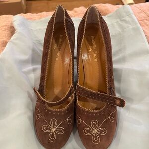 Isabella Fiore Brown Suede Mary Jane Heels with Floral Stitching
